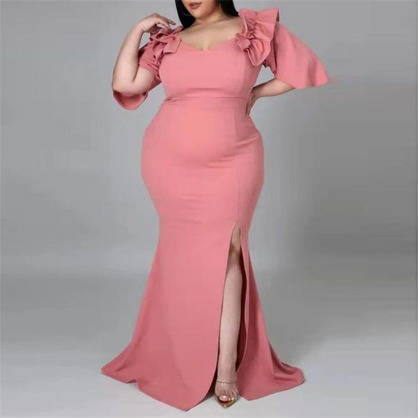 

plus size dresses haoohu 5xl women's evening dress 2021 winter female ruffles sleeve high split night club party maxi long, Black