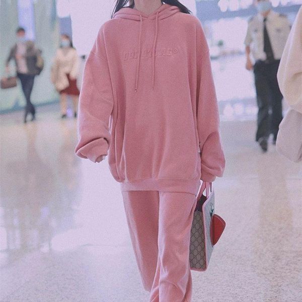 

women's two piece pants candy color hooded sweater casual suit, White