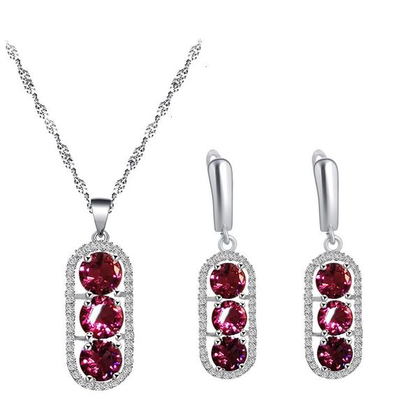 

earrings & necklace fashion 925 silver rose red zircon pendant jewelry set classic party gift js847