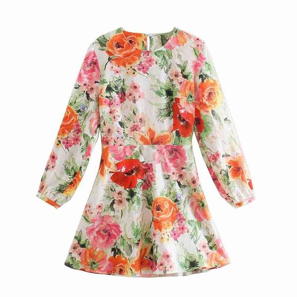 Случайные женщины o шеи шоу талии платье весна-осень мода дамы китайский стиль женский цветок напечатанный mini 210515