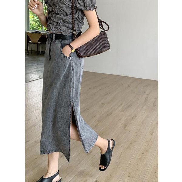 

split side midi denim skirt women high waist skirts grey s,m,l, Black