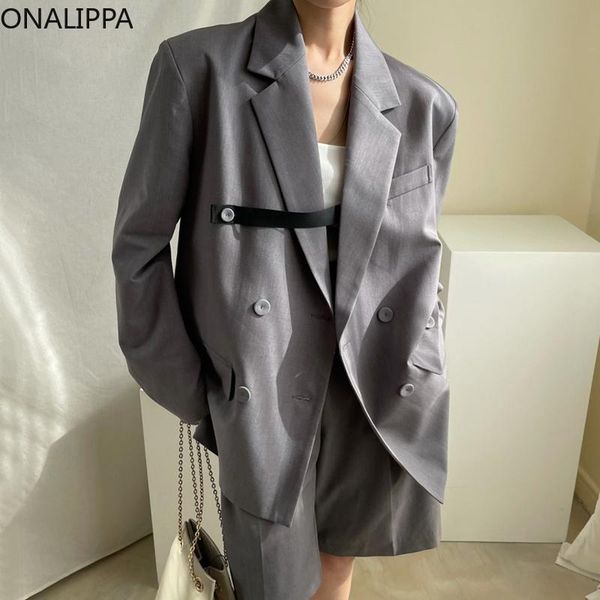 

women's tracksuits onalippa ladies solid color sets french temperament lapel double-breasted loose suit jacket high-waist versatile wid, Gray