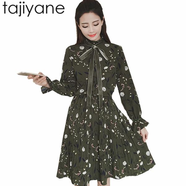 

casual dresses tajiyane floral print style slim cute o-neck collar single breasted pleated dress 2021 women vintage autumn spring ld190, Black;gray