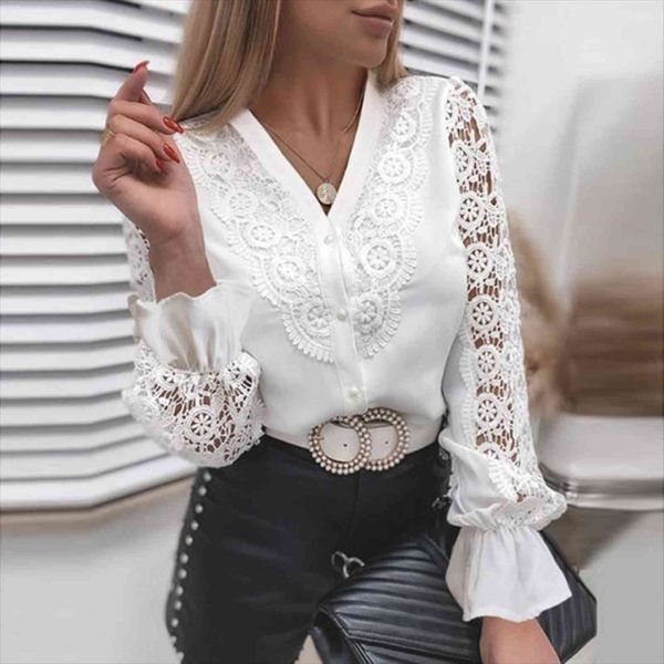 

elegant lace hollow out spring women shirts long sleeve y2k buttons mesh autumn vintage ladies clothes, White