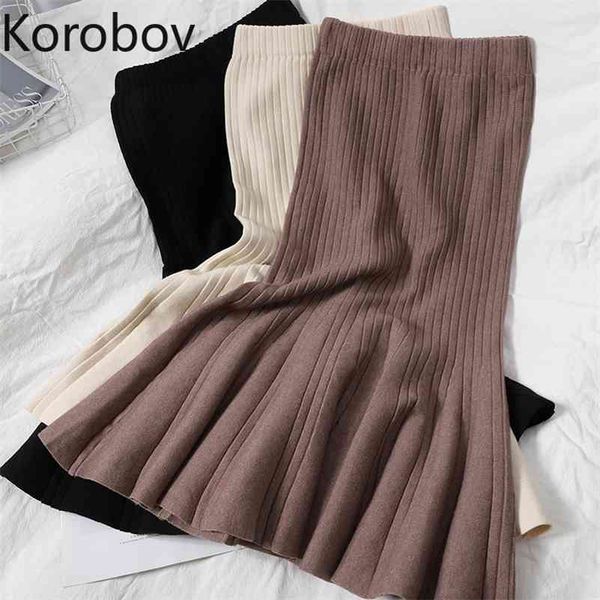 

korobov new chic a-line knit trumpet skirt korean slim office lady faldas mujer autumn winter streetwear mini mermaid skirt 210430, Black