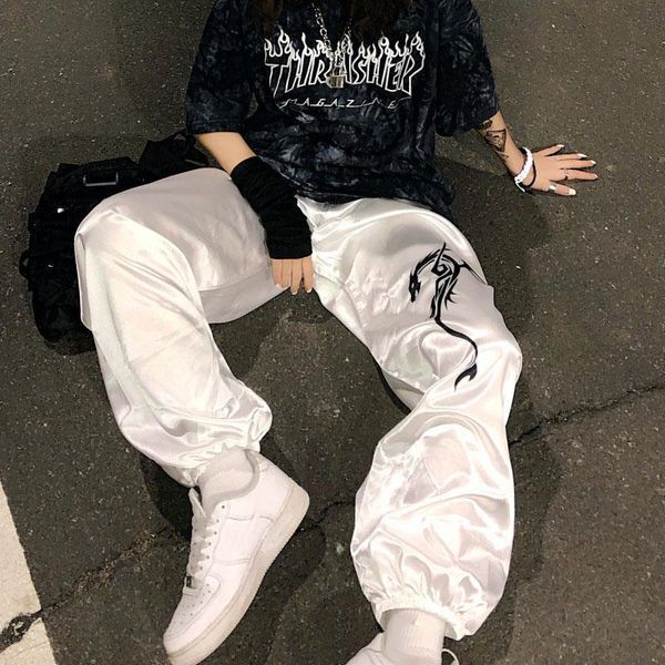 

harajuku dragon pattern printed womens capri high waist loose silky trousers casual summer grunge style letter streetwear unisex, Black;white