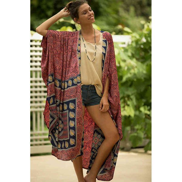 

brown retro printed batwing sleeve front open kimono plus size women clothing casual long and blouses shirts n1217 210416, White;black
