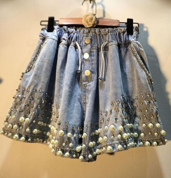 

women's shorts rhinestone beaded denim women 2022 summer high waist slimming wide-leg jean female fashion street bottoms, White;black