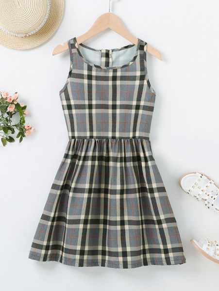 

girls plaid print sleeveless dress she, Red;yellow