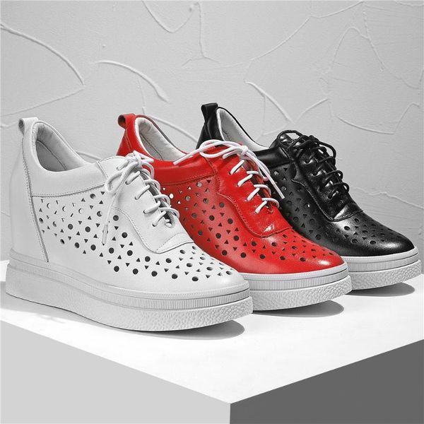 

dress shoes summer loafers women hollow genuine leather wedges high heel pumps female lace up round toe fashion sneakers casual, Black