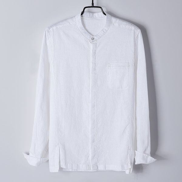 

men's t-shirts autumn stand collar long-sleeved linen men casual fashion white mens shirt unique design italy shirts male camisa 1qnw, White;black