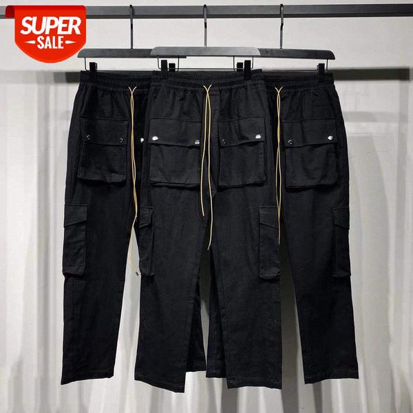 

multi-pocket buttoned cargo pants street beauty drawstring trousers black #p52n