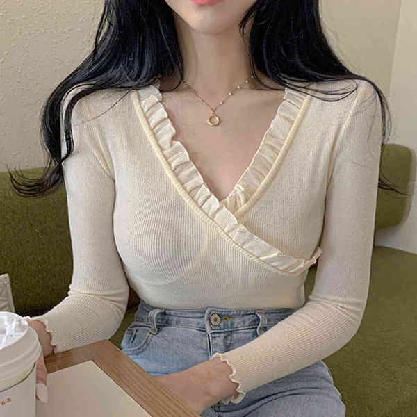 

women's t-shirt autumn korean vogue t ruffles patchwork woman tshirt thin slim long sleeve clothes casual v-neck tee femme hw, White
