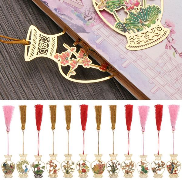 

chinese style vase shaped metal bookmark brass hollow book clip tassel pagination mark school office supply