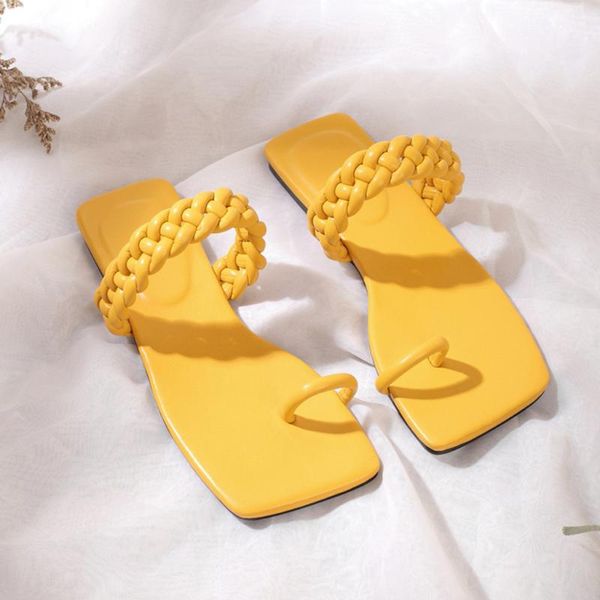 

women's fashion weave yellow slipper shoes ladies casual toe ring 2021 outdoor beach slippers flat #3, Black