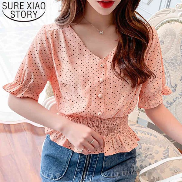 Vintage V-Neck Polka Dot Manga Curta Chiffon Blusa Mulheres Elegante Frente Botões Slim Cintura Ruffles Feminino Blusas 8830 50 210510