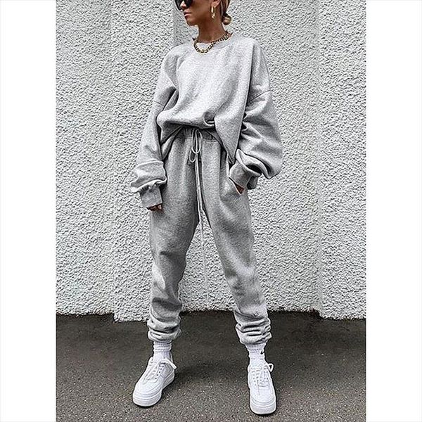 

autumn solid color loose womens pants casual suit slim tracksuit long sleeve and warm two piece set, White