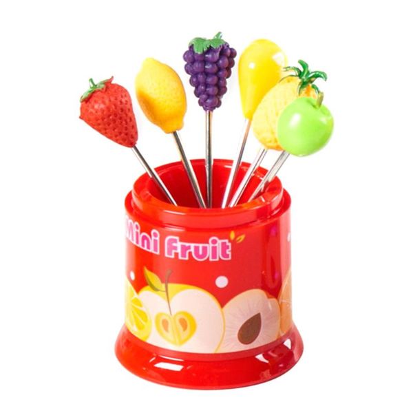 

forks 6 pcs creative lovely stainless steel dazzle fruit fork for kitchen party use red canister (random style fork)