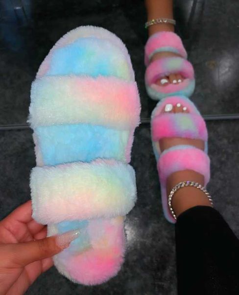 

korean fashion warm fluffy fur shoes household cozy slip on flat slides women winter furry slippers female hairy slipper, Black