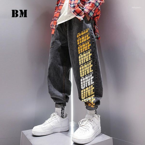 

men's jeans korean hip hop letter print straight leg streetwear male 2021 black elastic waist harlan denim trousers men clothing1, Blue