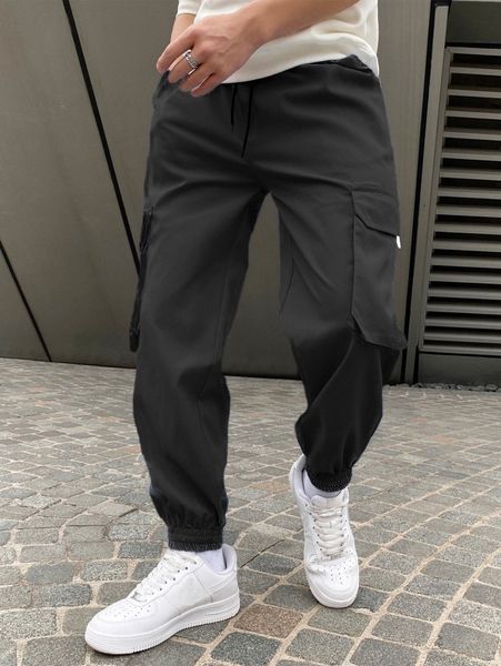 

men solid slant pocket cargo pants b6r7#, Black
