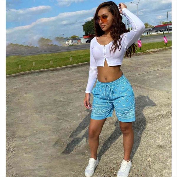 

trendy bandana print summer women shorts fashion hip hop pocket lace up streetwear club casual biker, White;black
