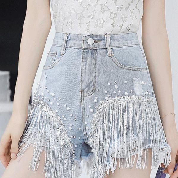 

women's shorts high waist slim body fringed ripped beaded sequin wide leg blue jeans female 2021 summer denim indie, White;black
