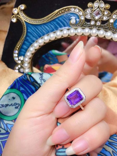 

cluster rings natural and real amethyst wedding engagement for women 925 sterling silver ring, Golden;silver