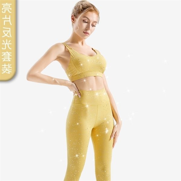 

new sportswear suit women's yoga double-sided matte high elastic running pants fitness sequin reflective