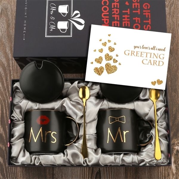 Mr e Mrs Tazze da caffè Tazze Set regalo per fidanzamento Matrimonio Addio al nubilato Sposa Sposo To be lyweds Coppie Ceramica nera 220311