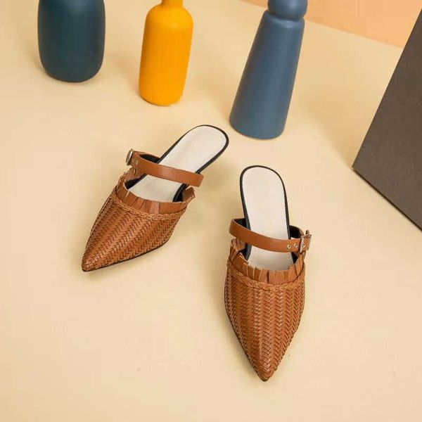 

80% off store online genuine leather woven women slippers 2021 new summer fashion woman shoes pointed toe low heel casual luxury ladies, Black
