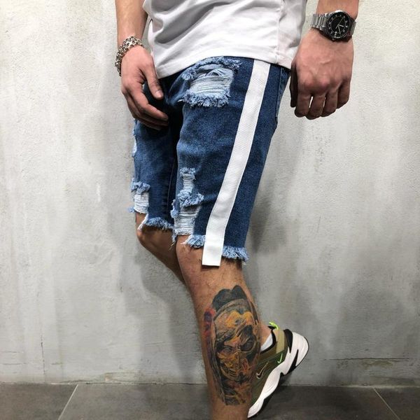 

men's jeans mens skinny short rip slim fit stretch denim distress frayed biker scratchted knee length pants, Blue