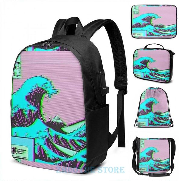 

backpack graphic print the great wave off vaporwave kanagawa usb charge men school bags women bag travel laptop