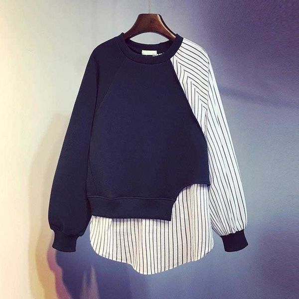 

loose fit striped spliced hit color sweatshirt round neck long sleeve women big size fashion spring autumn 210601, Black