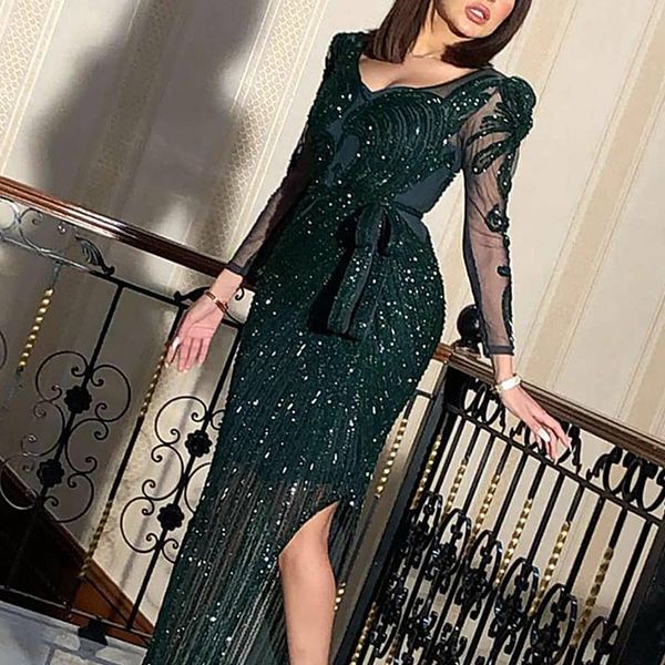 

casual dresses ladies party dress long sleeve solid color sequins v-neck asymmetrical high street dance wedding prom night retro vestid, Black;gray
