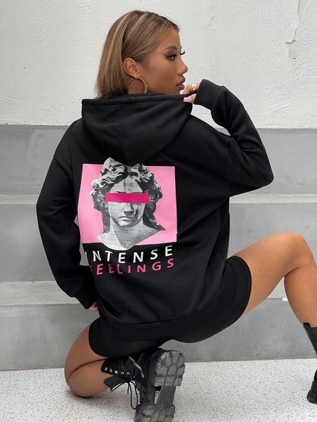 

figure & letter print drawstring hoodie u65o#, White;black