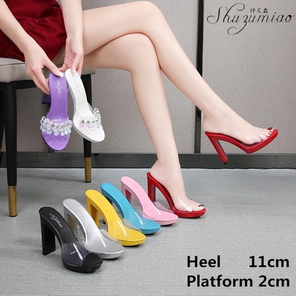 

slippers outside large size women's shoes rhinestone square heel solid thick 11cm super high party club modern ladies, Black
