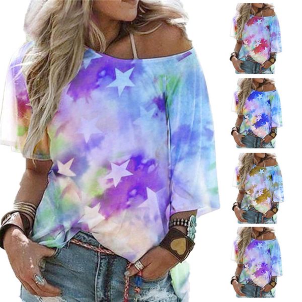 

4 color 8 size 2020 women's fashion loose star print short sleeve t-shirt, White