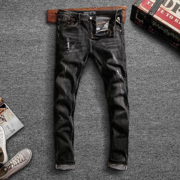 

men's jeans italian style fashion men retro black gray elastic slim fit ripped denim pants vintage designer trousers to3d, Blue
