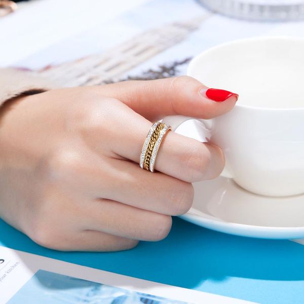 

wedding rings small chain and zircon on both sides ring for women fashion simple jewelry stainless steel gold color anillo, Slivery;golden