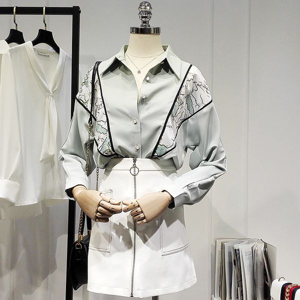 

polo collar long sleeve shirt for women single-breasted printed blusas 2021 spring new elegant loose fit slimming blouse, White