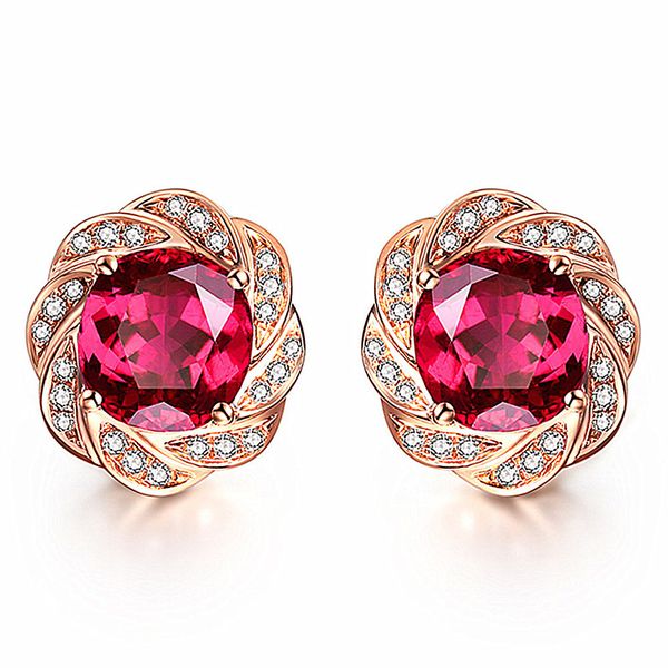 

14k rose gold color flower red crystal ruby gemstones diamonds stud earrings for women classical jewelry brincos fashion bijoux, Golden;silver