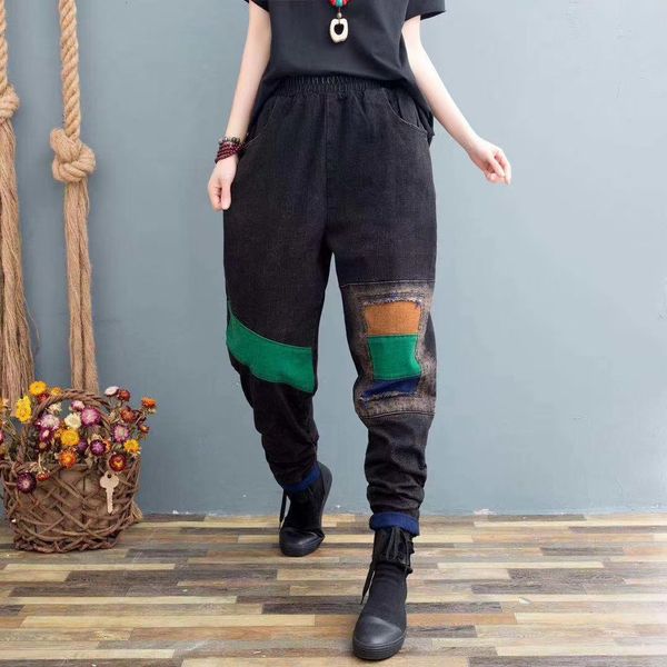 

jeans springtime casual autumn brem loose big weight baggy slimming personality shredded color patched vintage ny pants, Blue