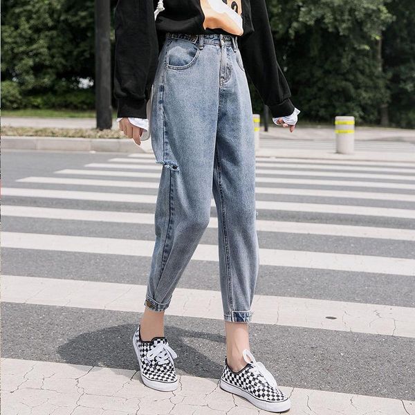 

spring autumn women high waist jeans female loose casual ankle-length pants straight trousers kk0108 women's, Blue