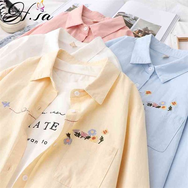 

hsa white 100% cotton women school shirt letter floral embroidery blue ladies blouses long sleeve female office 210430