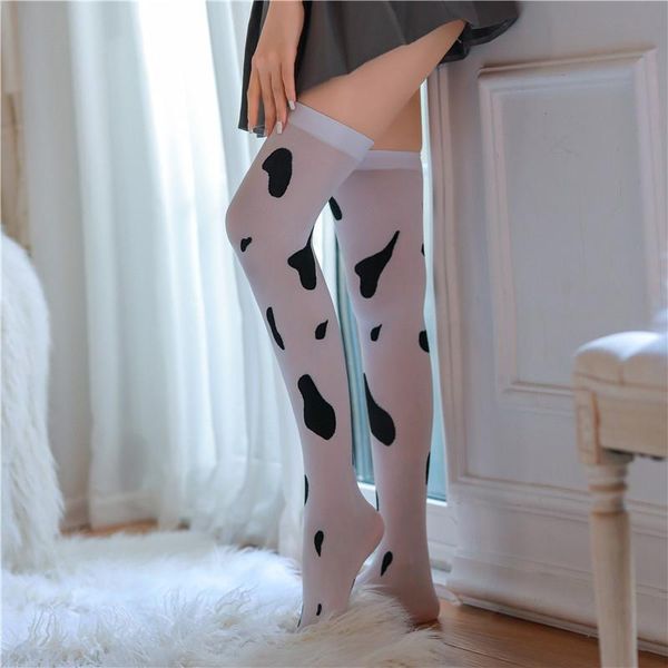 

women cosplay stockings kawaii cow spot print thigh high cute milk japanese anime girls socks & hosiery, Black;white
