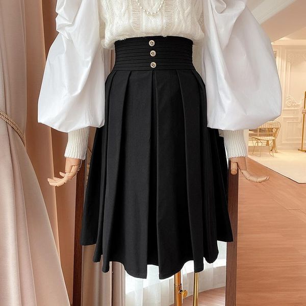

skirts 2021 high waist pleated single breasted retro a-line skirt 0917, Black