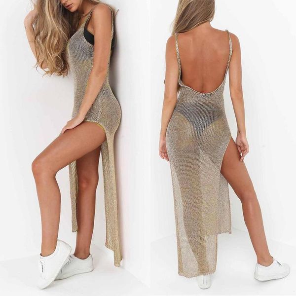 

women solid color see through sleeveless side split bodycon long dress for bikini women's swimwear, White;black