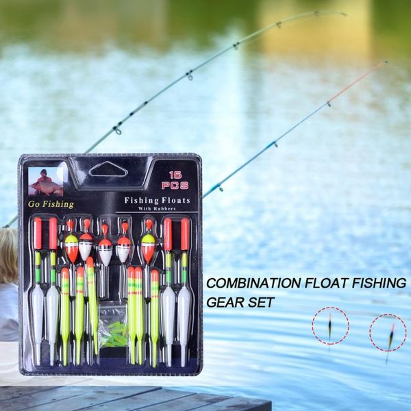 

fishing accessories 15pcs/set vertical buoy sea floats assorted size for most type of angling with attachment rubbers lures