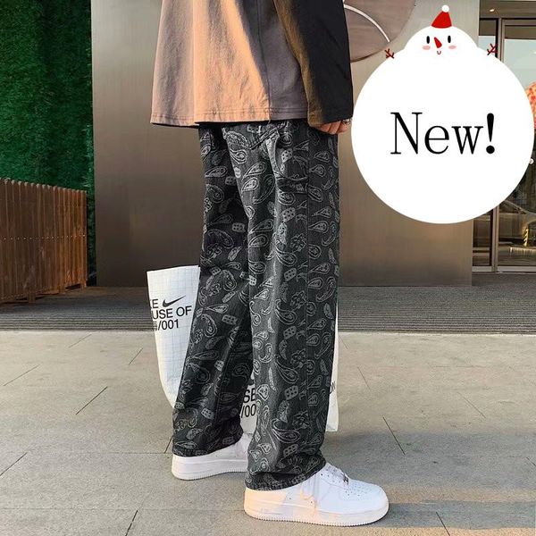 

cashew flower black jeans men's straight tube loose spring and autumn summer korean fashion baggy pants denim trousers, Blue